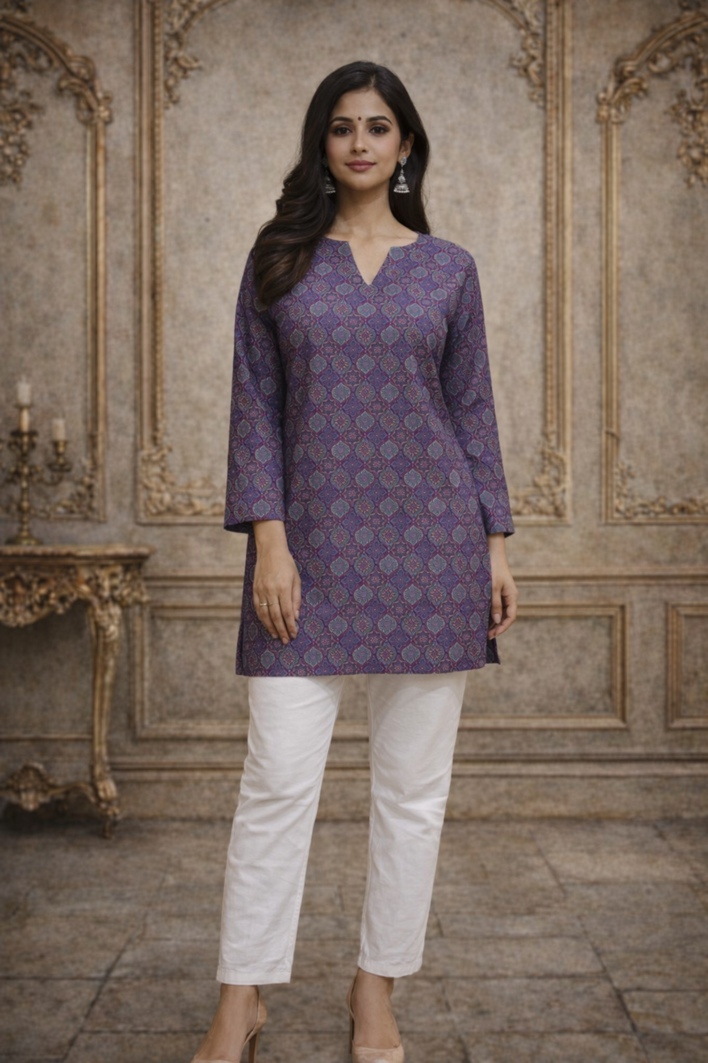 Purple tunic top front view with digital print detail
