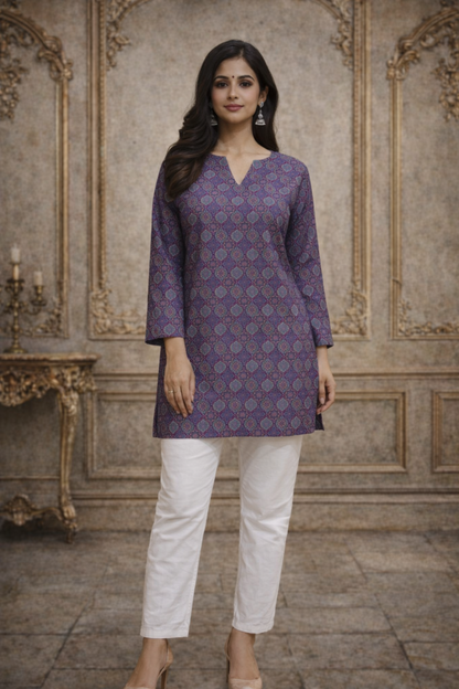 Purple tunic top front view with digital print detail