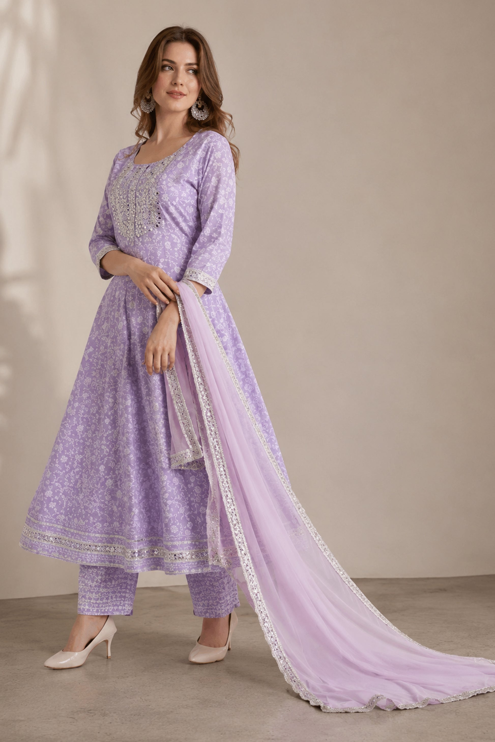 Woman wearing Purple Viscose Rayon ethnic outfit with dupatta