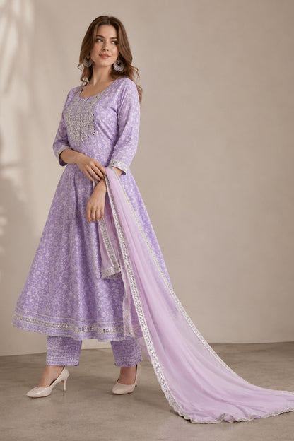 Woman wearing Purple Viscose Rayon ethnic outfit with dupatta