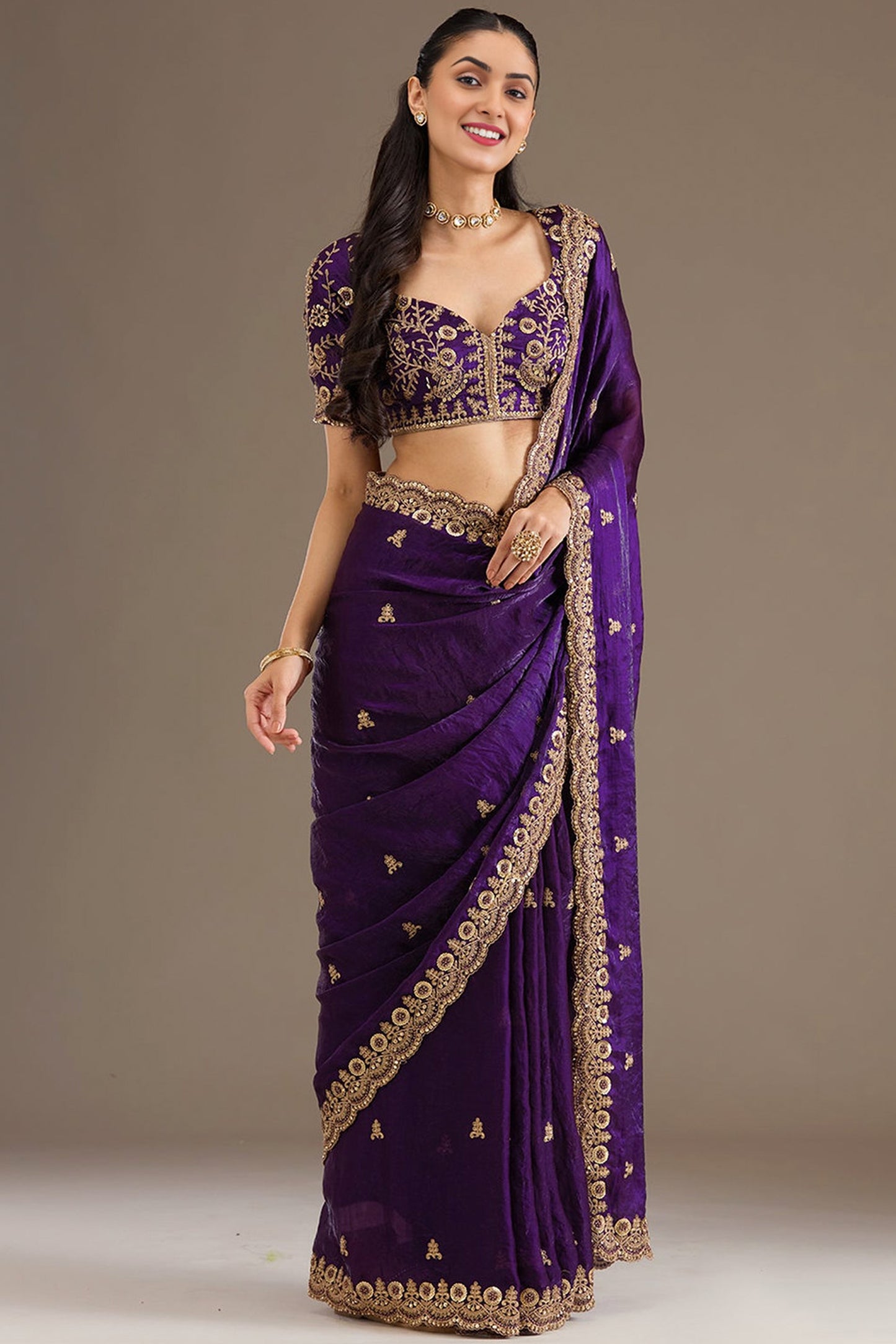 Royal purple engagement saree with embroidery finish