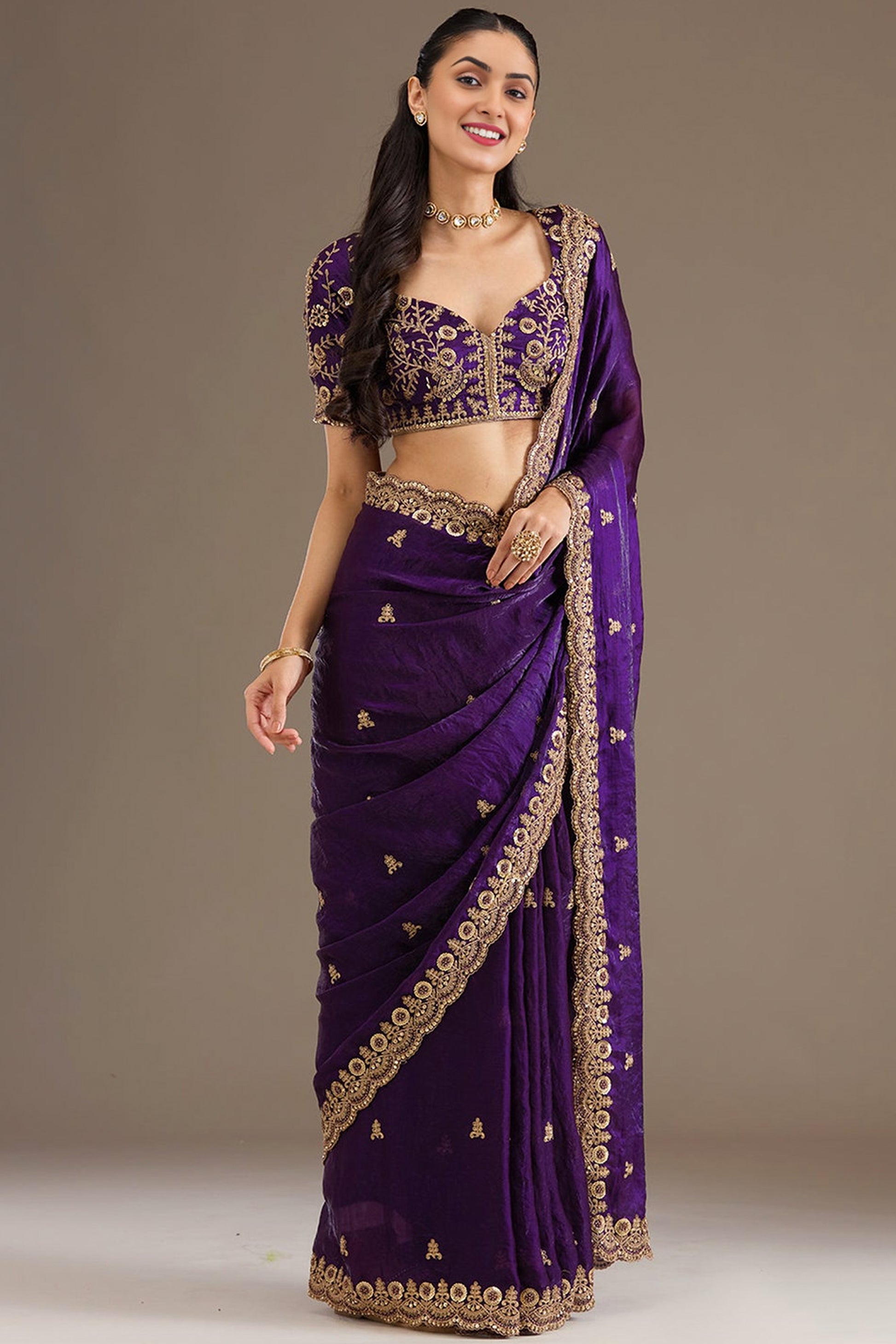 Royal purple engagement saree with embroidery finish