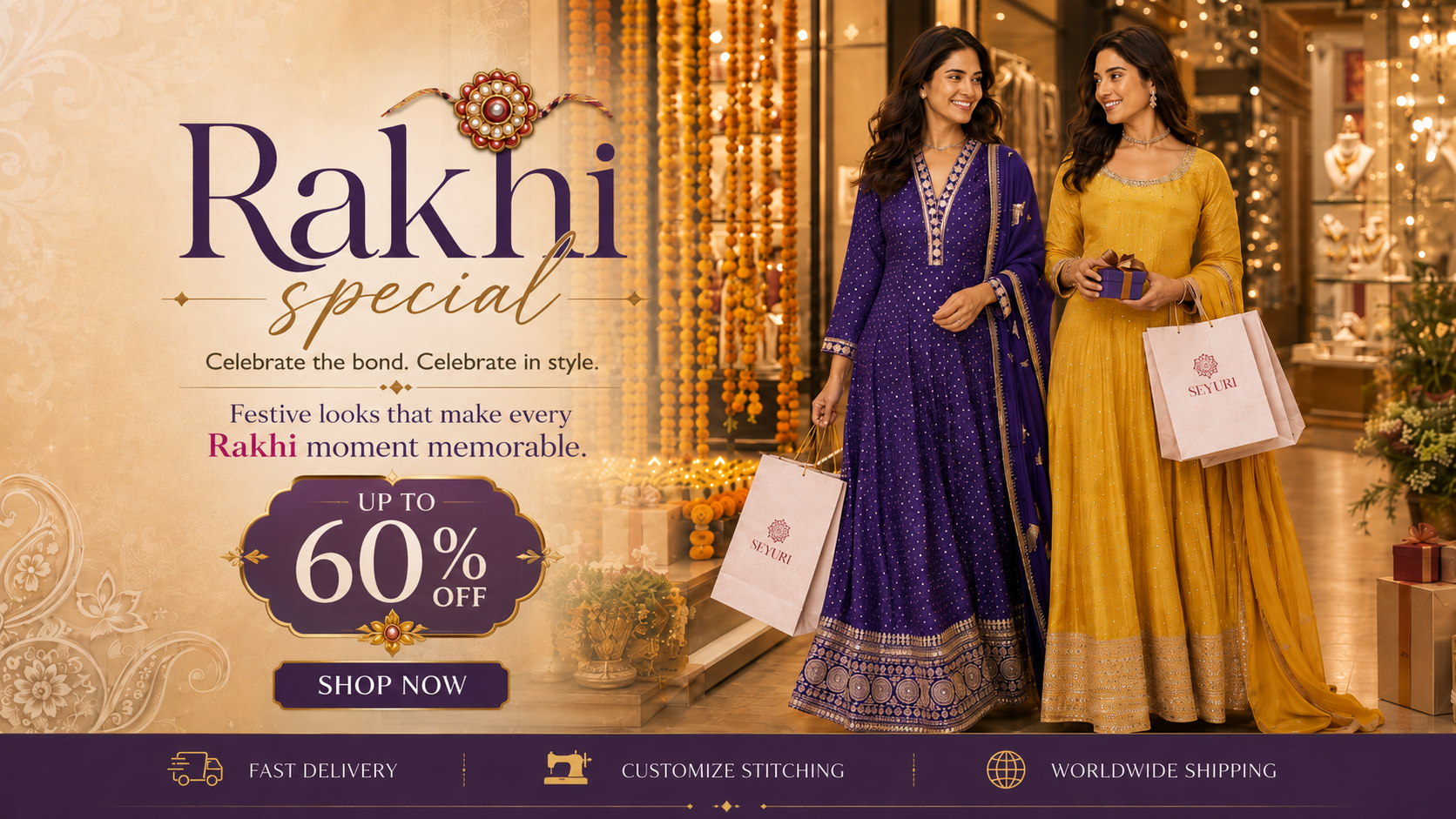 Promotional advertisement for Rakhi special featuring two women modeling traditional Indian ethnic wear, one in a deep purple embroidered kurta and the other in a golden yellow kurta, holding shopping bags in an ornate festive interior.