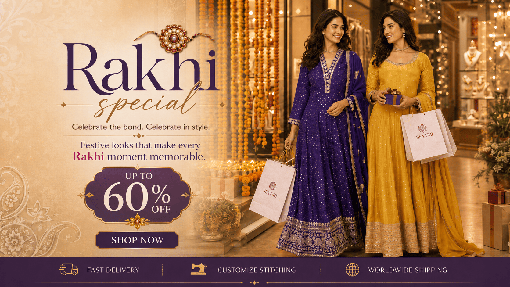 Promotional advertisement for Rakhi special featuring two women modeling traditional Indian ethnic wear, one in a deep purple embroidered kurta and the other in a golden yellow kurta, holding shopping bags in an ornate festive interior.