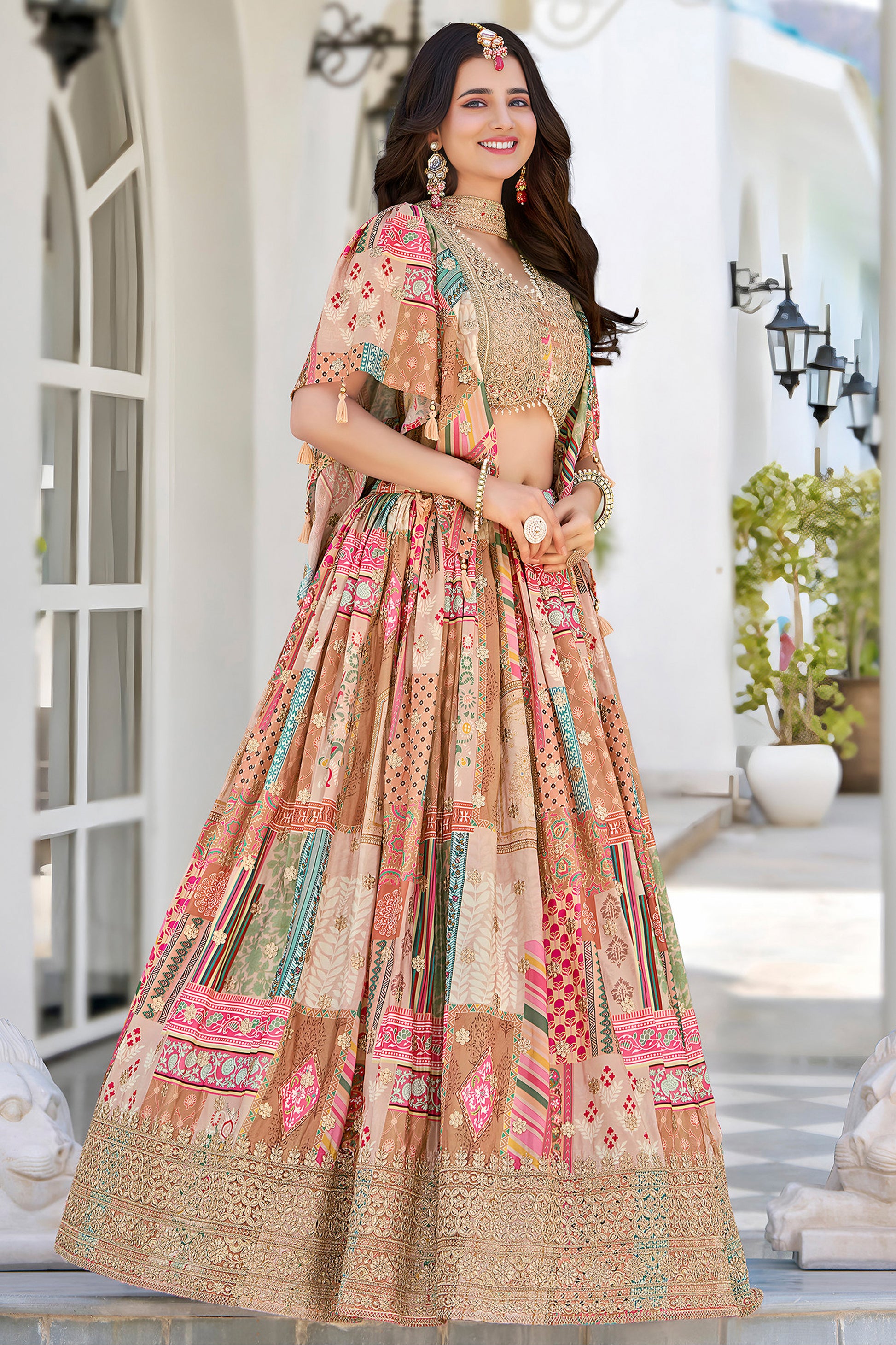 peach bridal style lehenga choli with lace edging