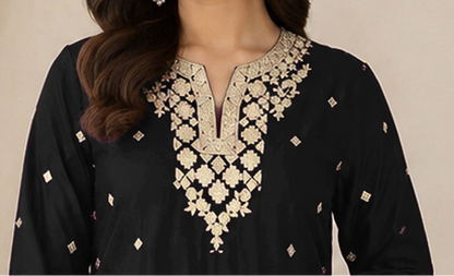Heavy Embroidered Sequence detail on Black palazzo
