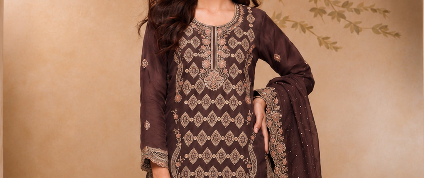 Front view of Brown Palazzo with embroidered detailing
