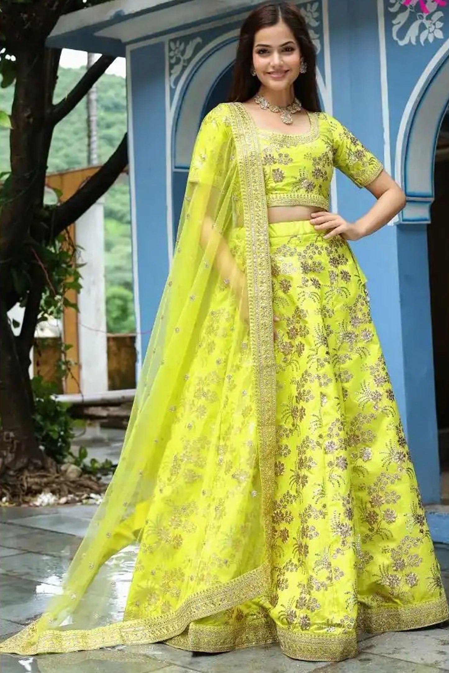 Lemon Yellow Lehenga Choli with zari dori sequins embroidery