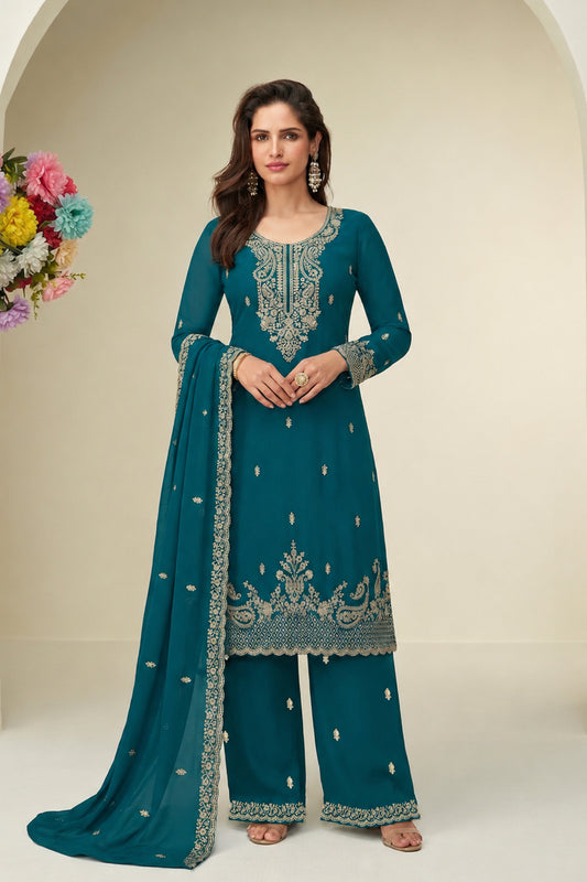 Teal Green Salwar Kameez with premium thread sequin embroidery