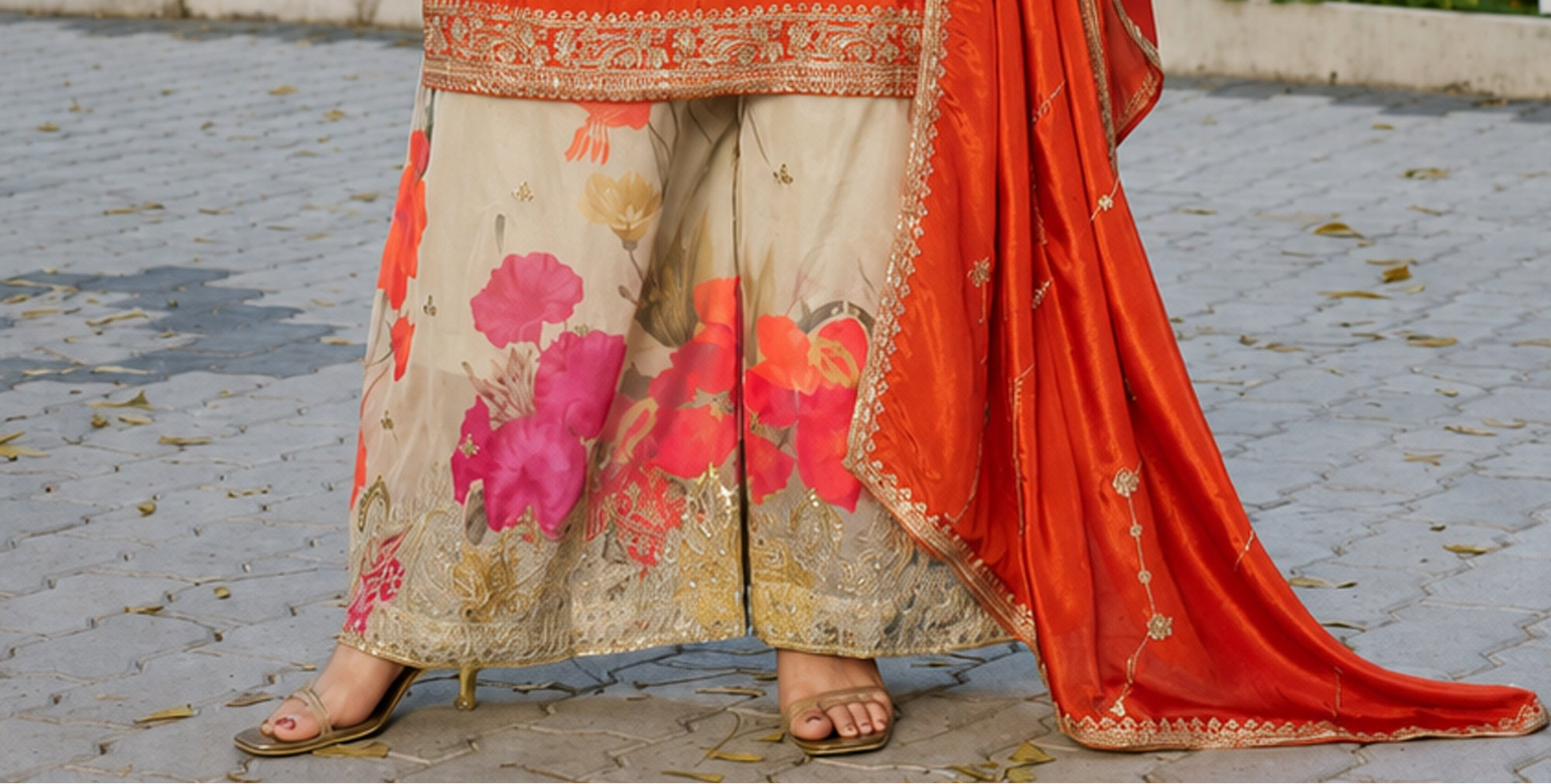 Detailed embroidered Chinon palazzo outfit close-up