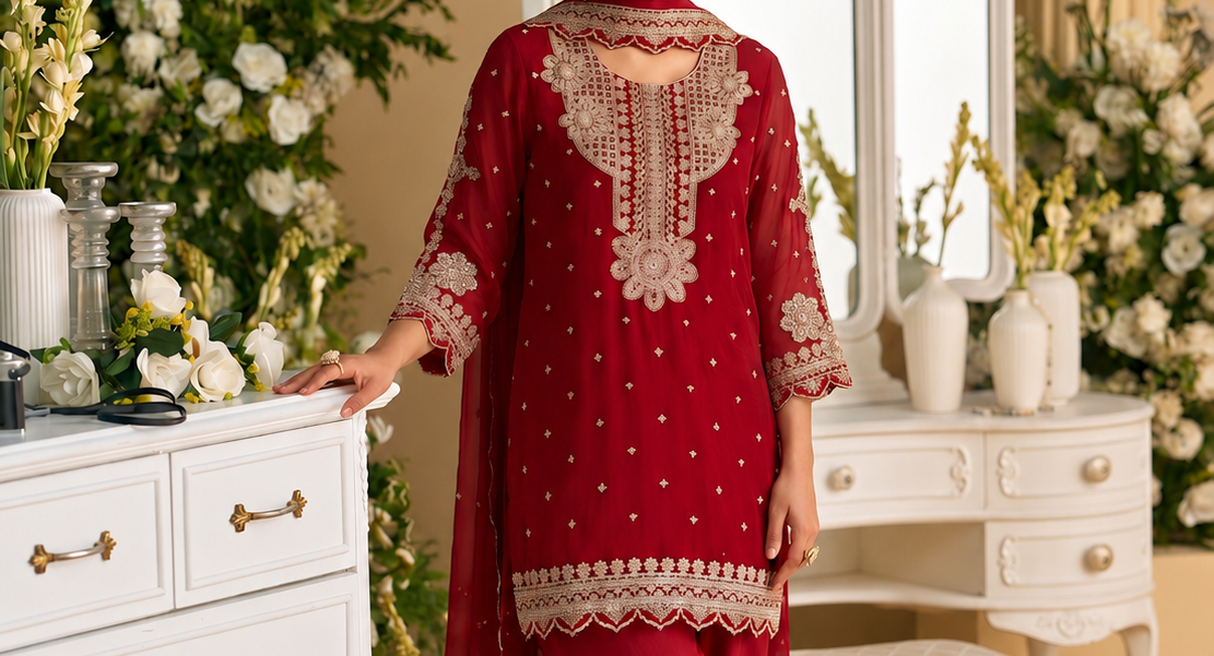 Dark Red Salwar Kameez styled for wedding celebration dressing