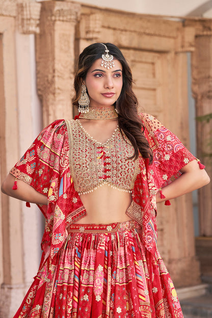 close view of red Chinnon Silk lehenga choli texture