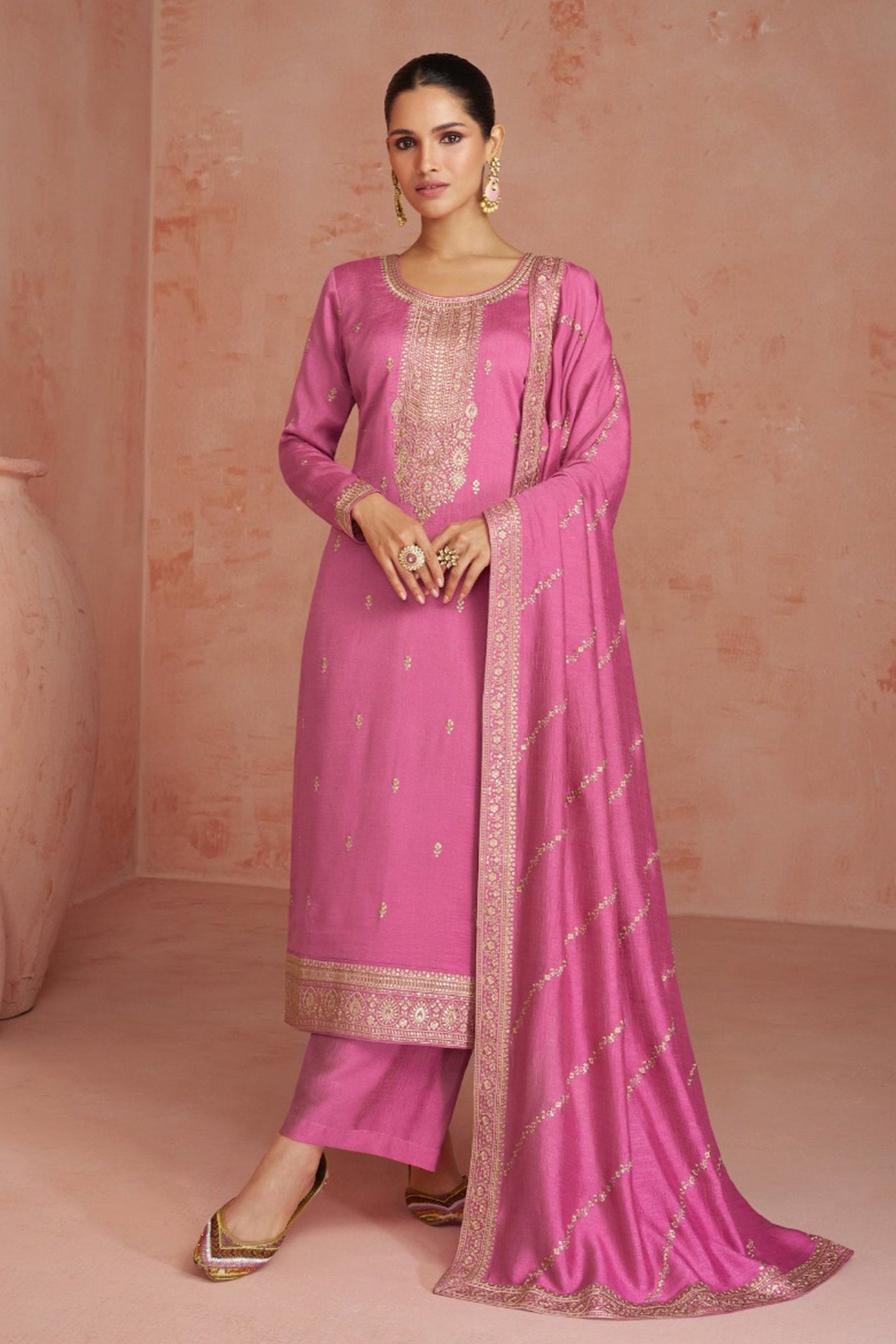 Ready to wear salwar kameez in pink silk front view