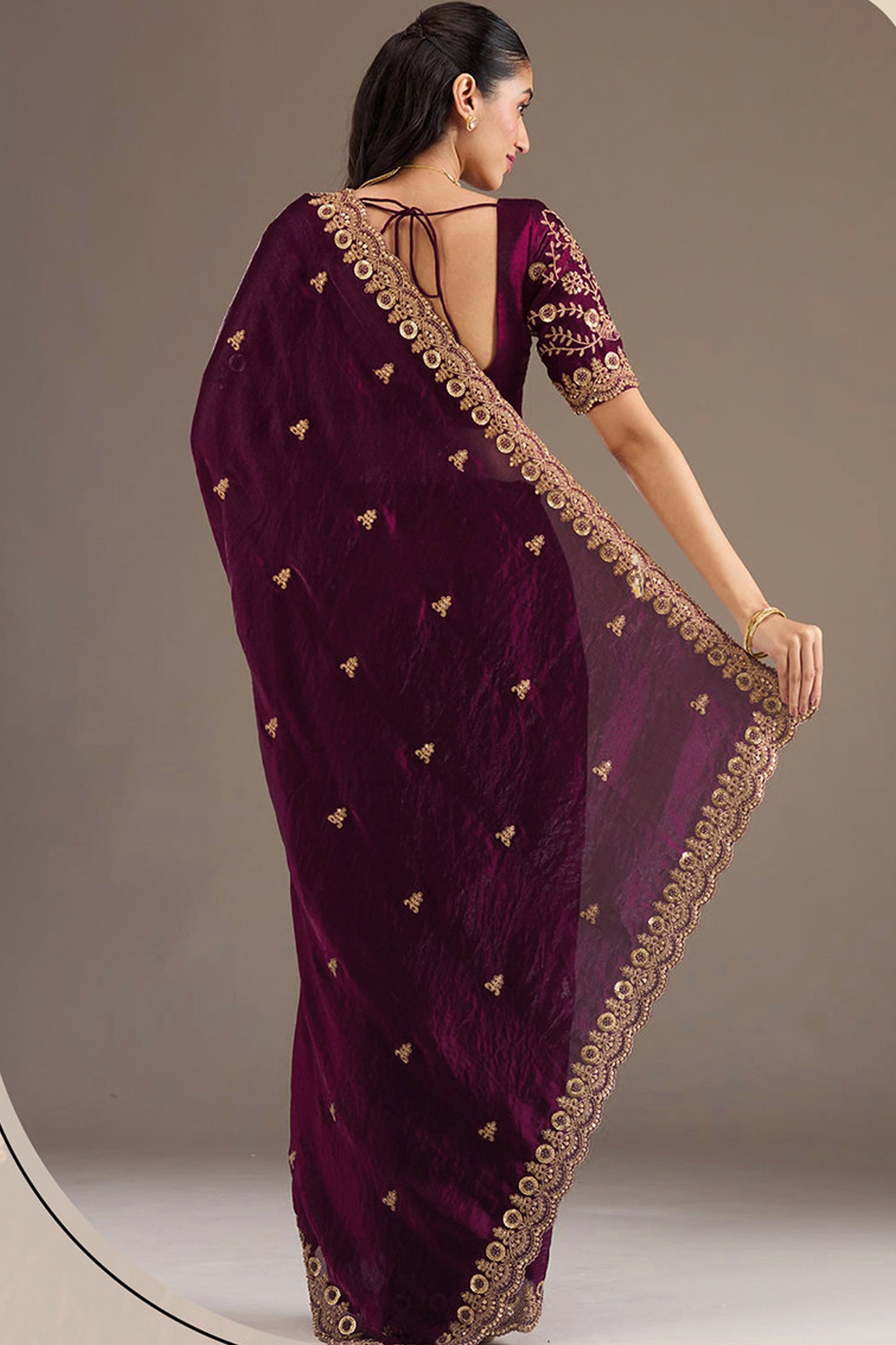 Wine Saree styled for engagement event in the USA
