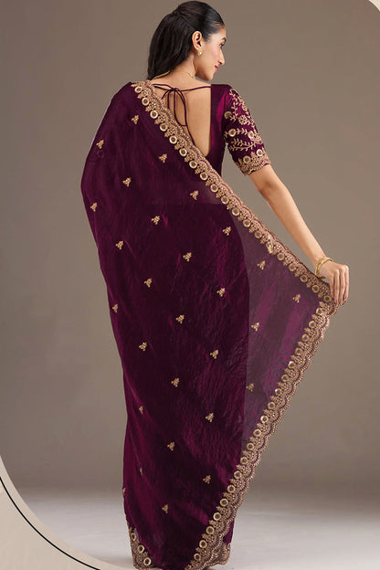 Wine Saree styled for engagement event in the USA