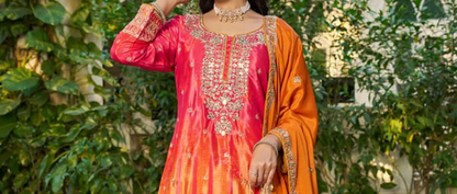 Close detail of Jari+Sequence Work on Orange Palazzo Suit