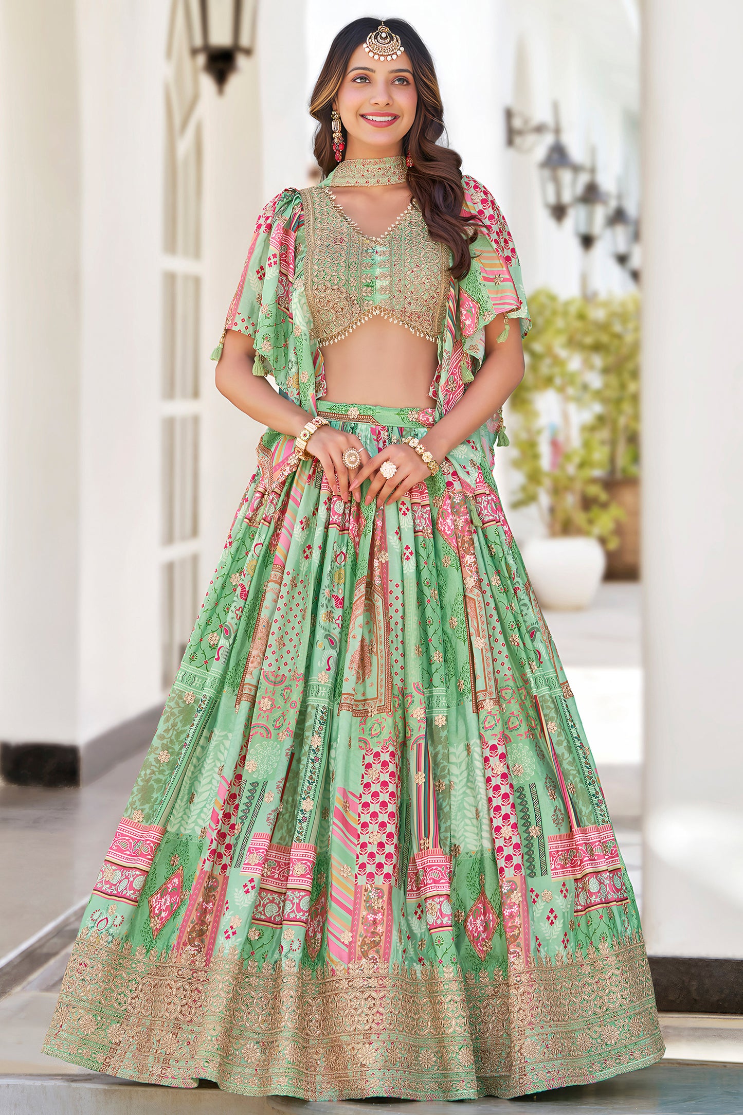 Dori embroidery lehenga choli in teal green silk fabric look