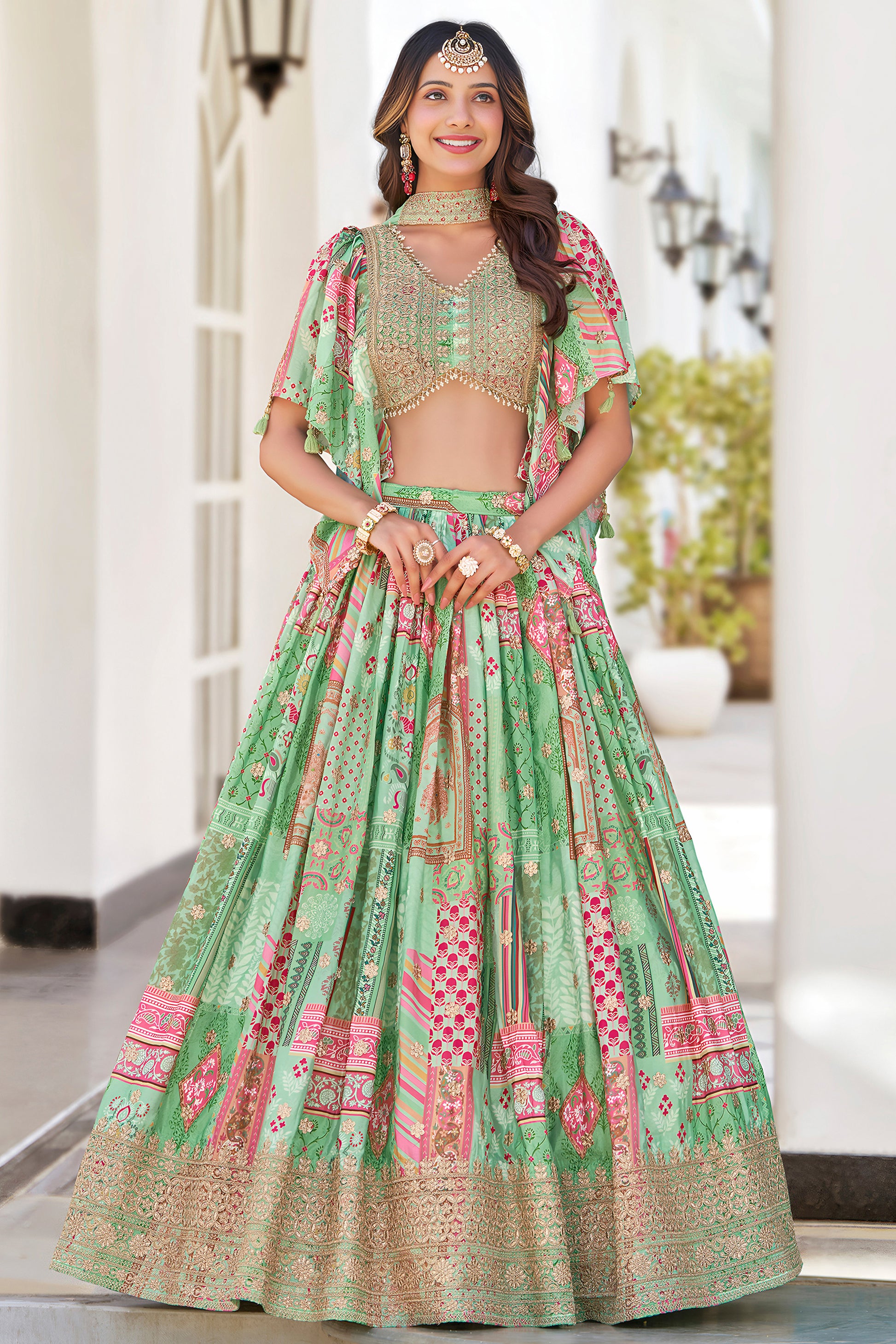 Dori embroidery lehenga choli in teal green silk fabric look