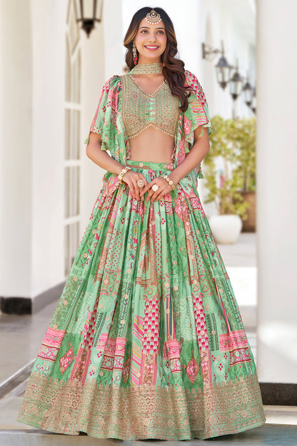 Dori embroidery lehenga choli in teal green silk fabric look