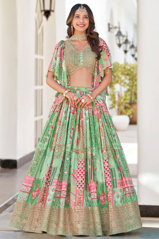 Dori embroidery lehenga choli in teal green silk fabric look