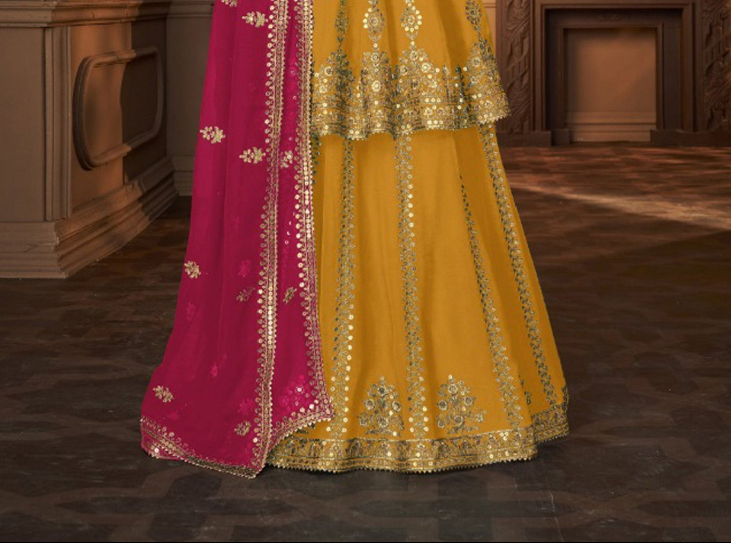 Wedding-ready golden lehenga choli full outfit styling