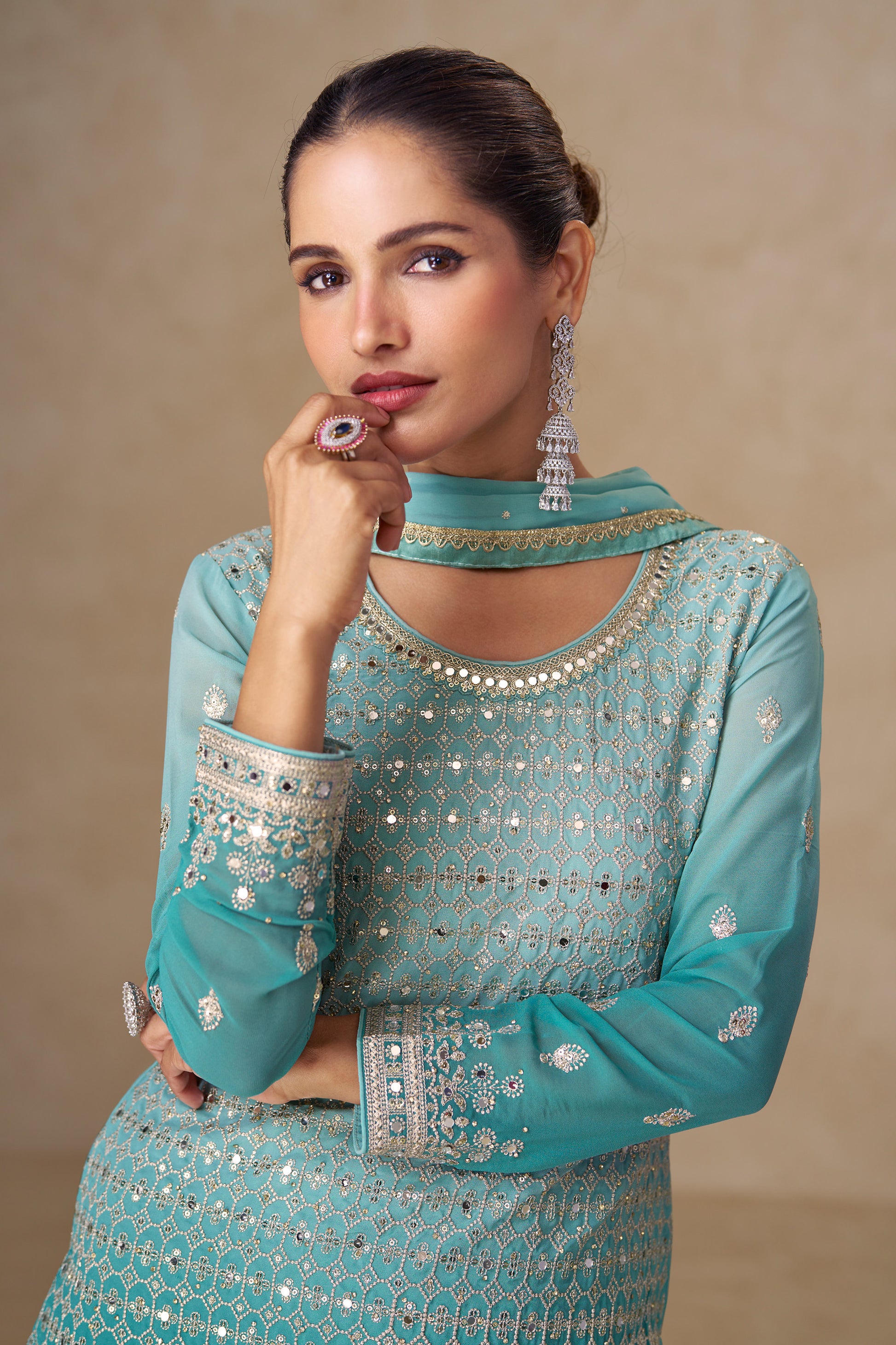 Turquoise blue salwar kameez plazzo with dupatta
