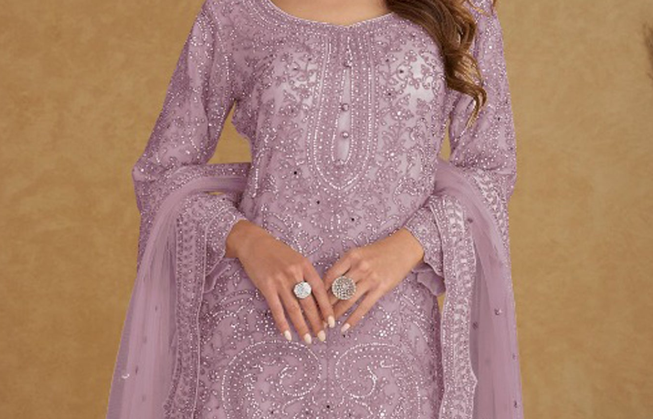 Real net embroidered palazzo suit sleeve and texture close-up