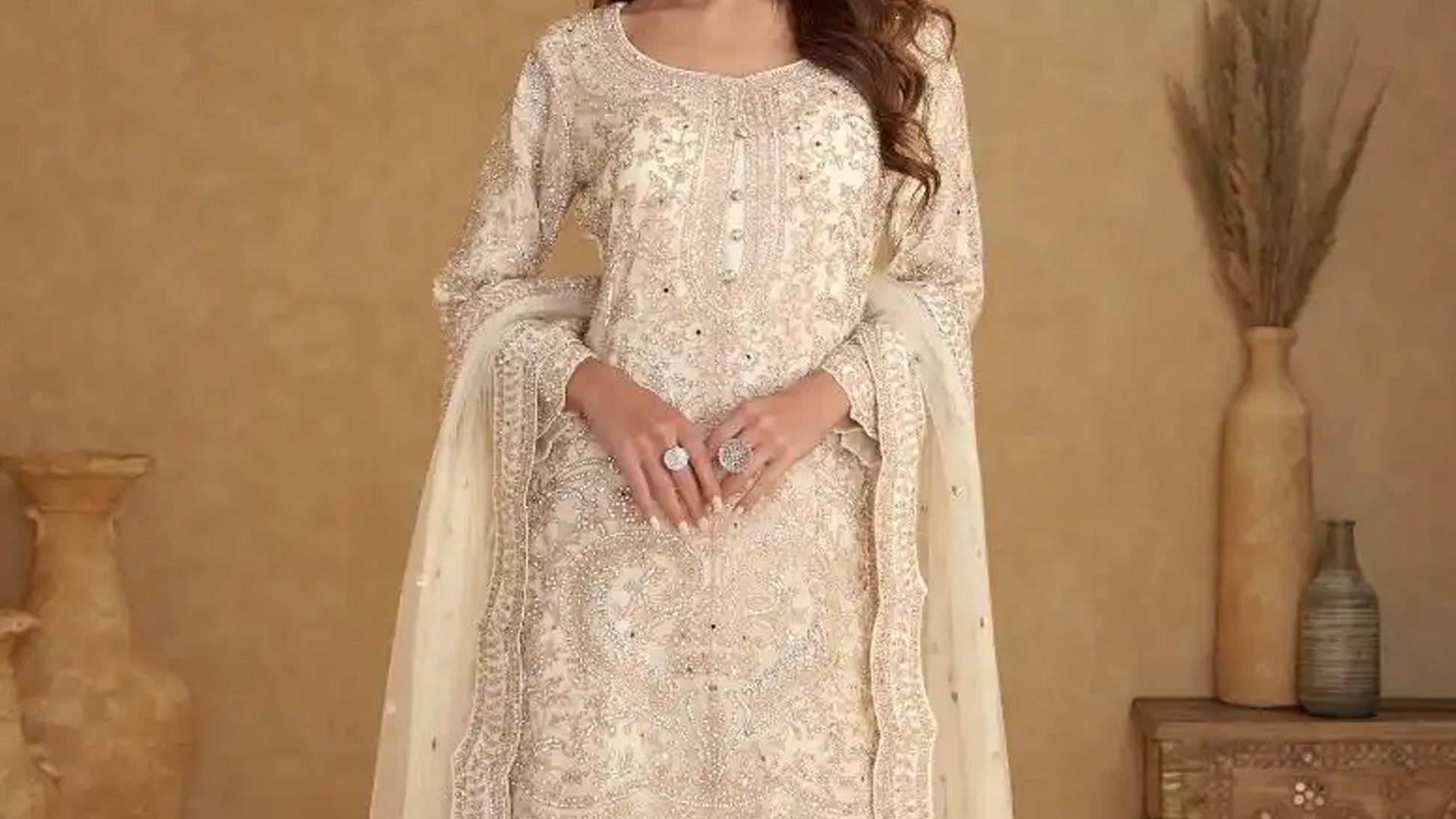 Beige palazzo pants with embroidery in real net fabric