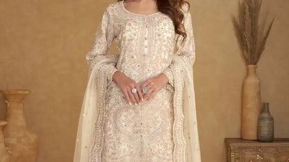 Beige palazzo pants with embroidery in real net fabric