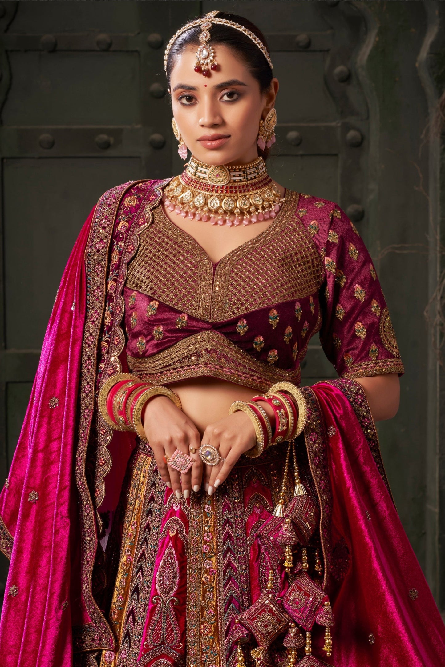 velvet lehenga choli with thread embroidery and sequins detail