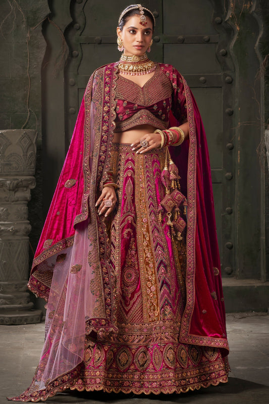 reception lehenga in multi color velvet full front view