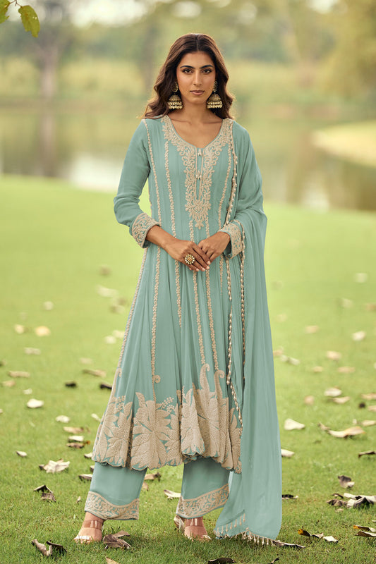 Mint green reception palazzo suit front view with embroidery