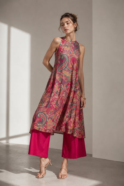 Red printed kurti shown from the back in a studio setting
