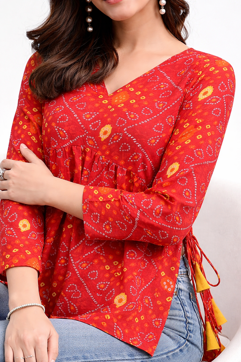 close-up of Bandhani print pattern on cotton fabric