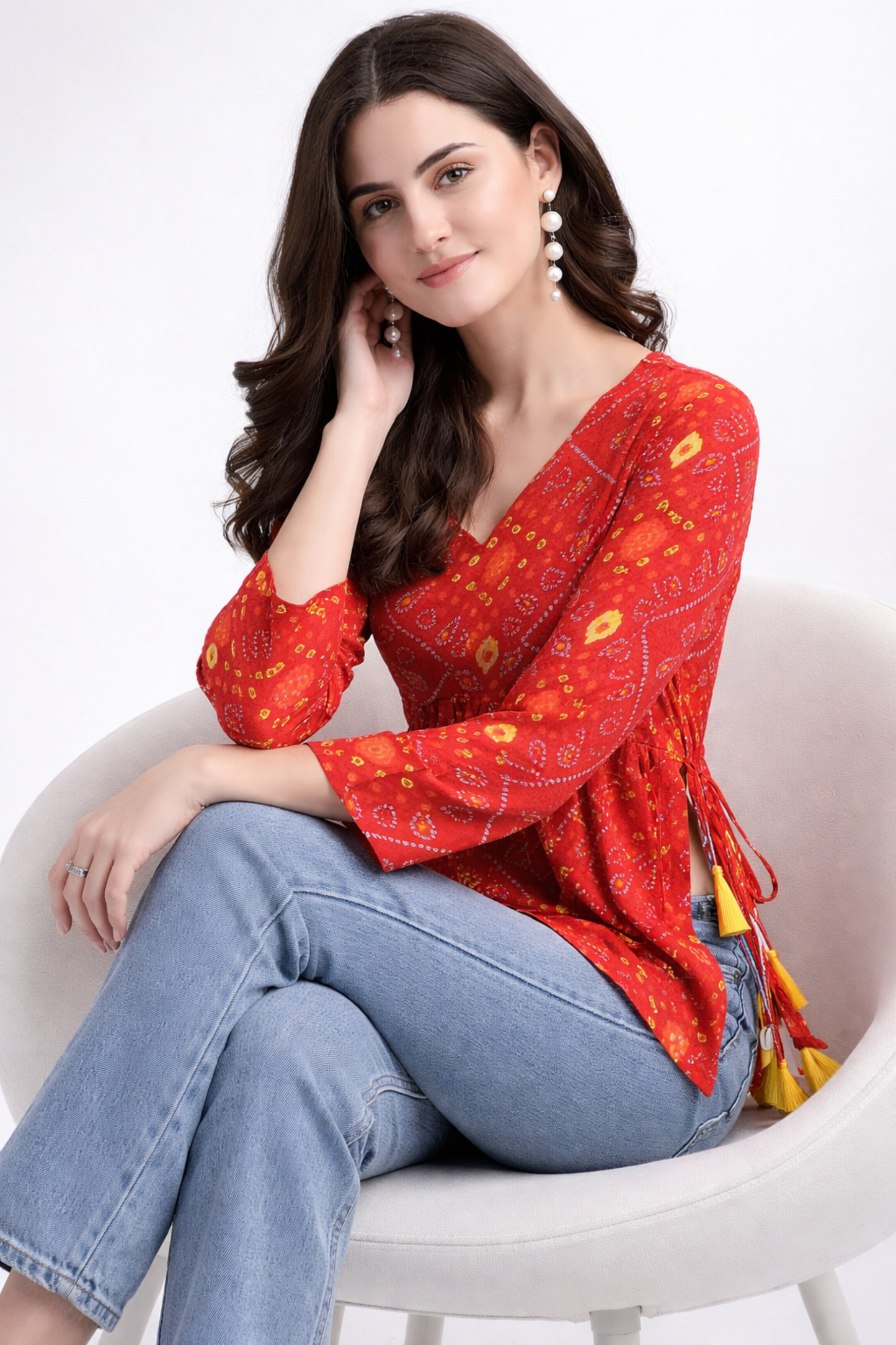 red Bandhani printed kurti top full front styling