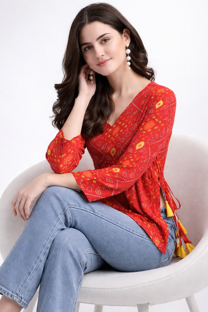 red Bandhani printed kurti top full front styling