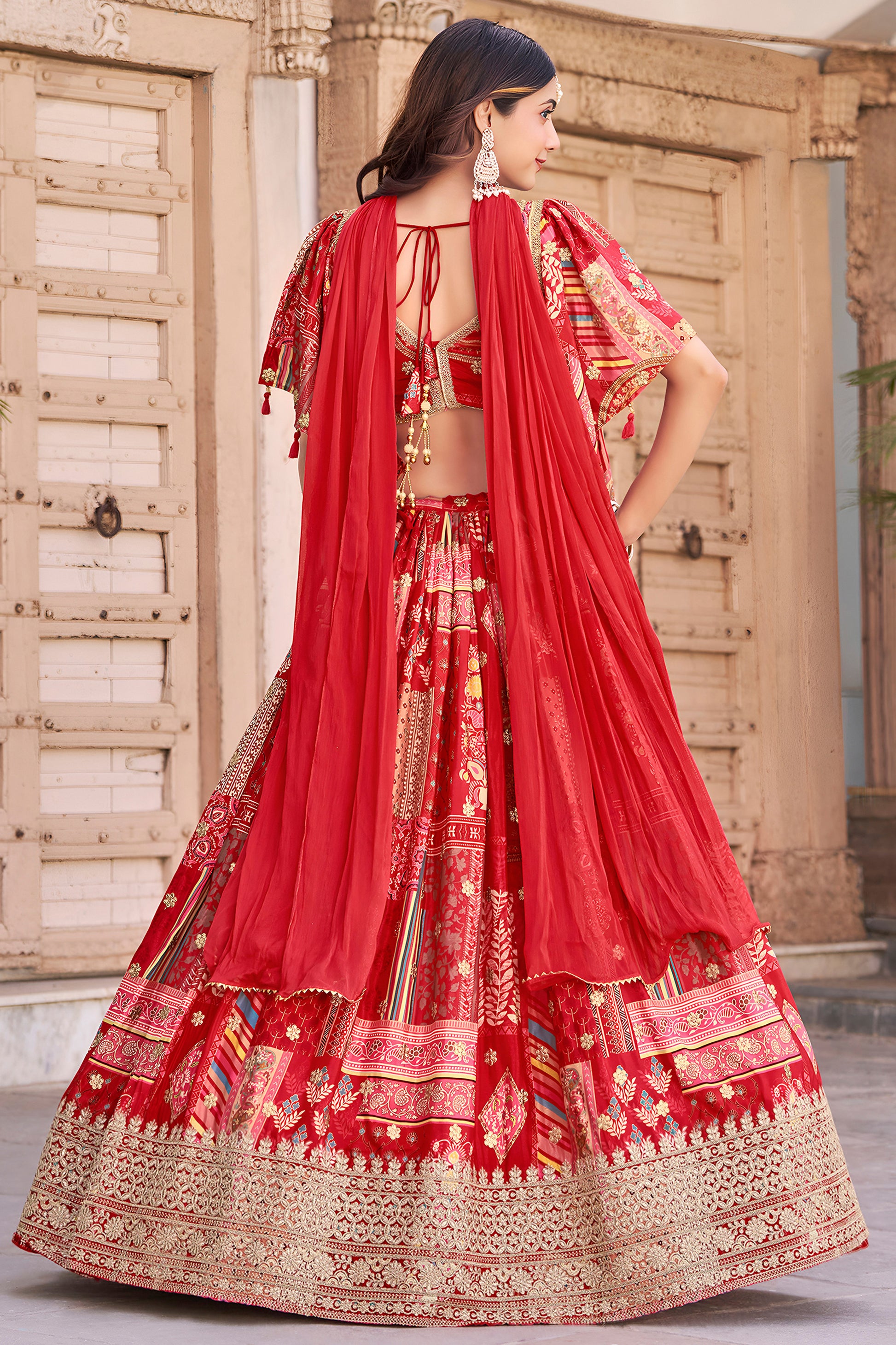 lightweight red lehenga choli in Chinnon Silk