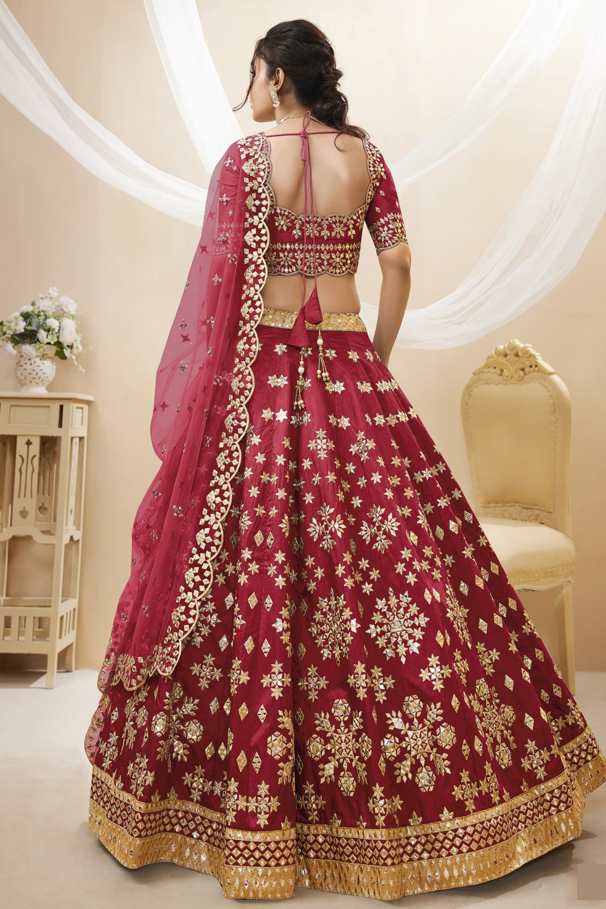 red lehenga choli back design perspective