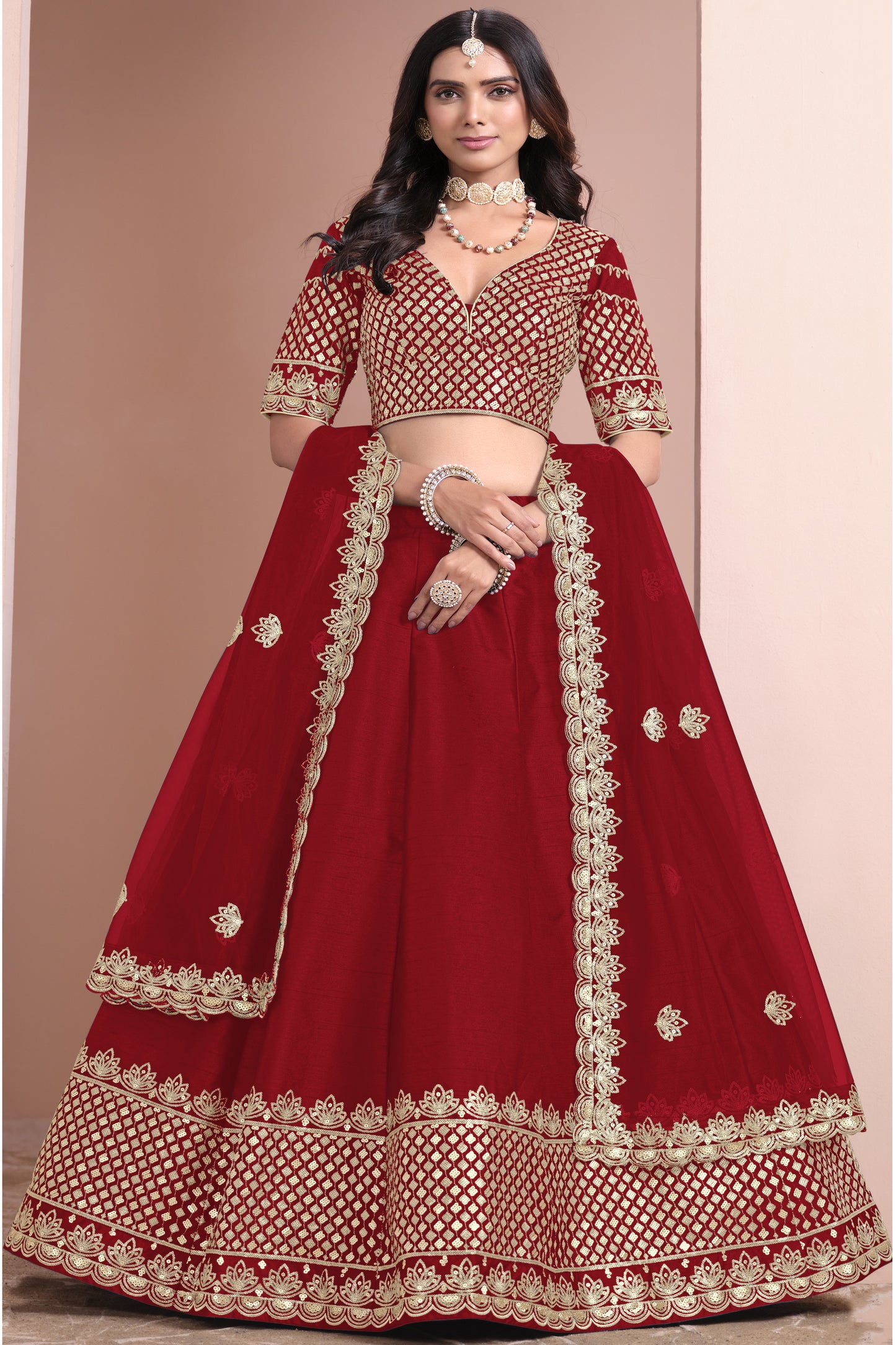 red choli lehenge choli front view with sequin detailing