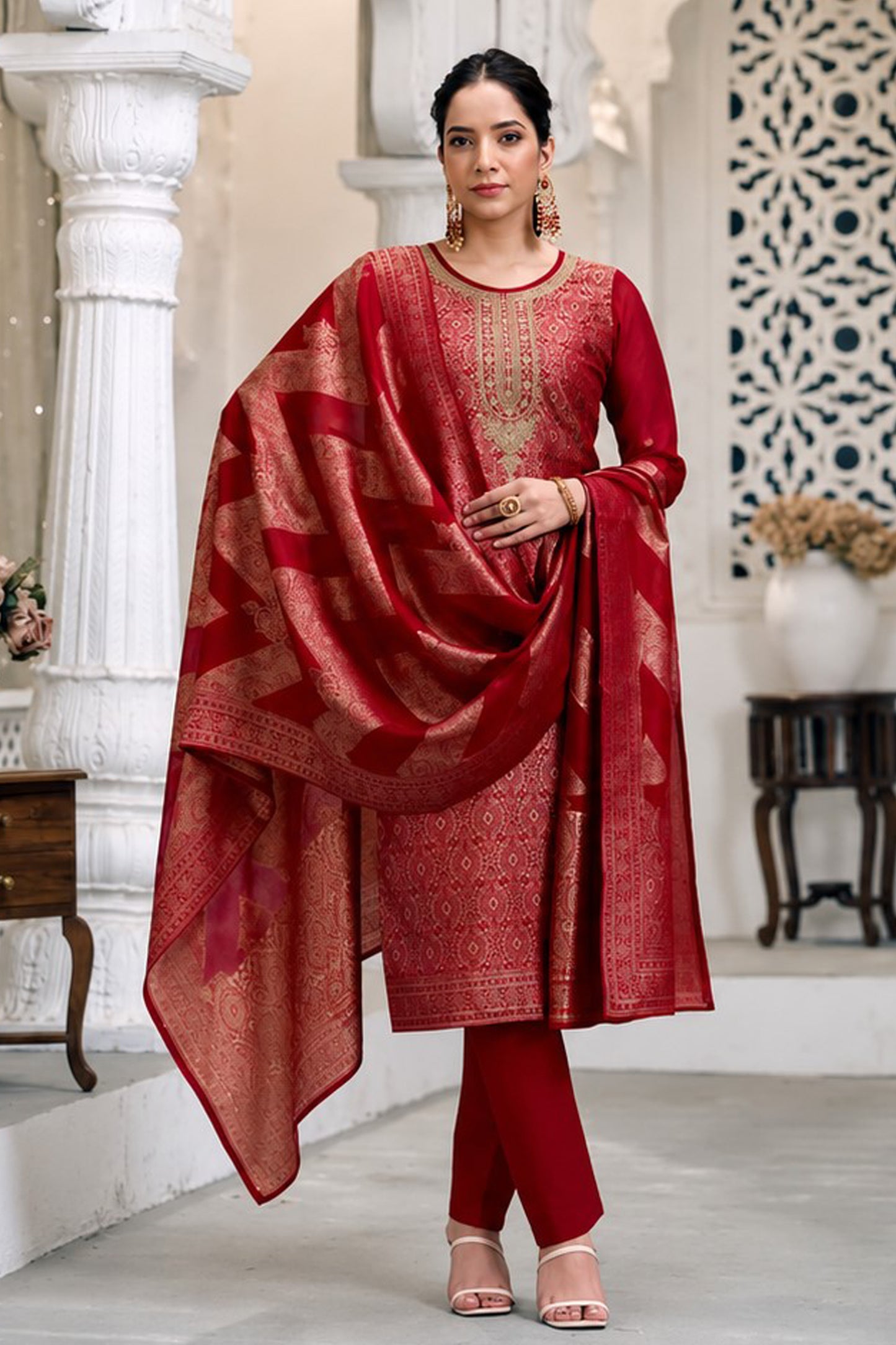 Front view of red color salwar kameez dress with heavy embroidery detail