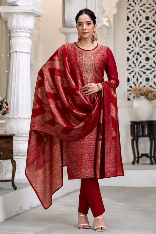 Front view of red color salwar kameez dress with heavy embroidery detail