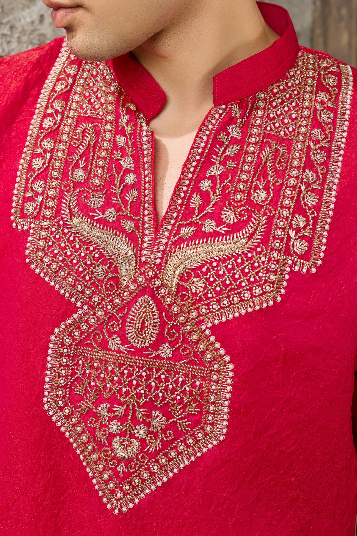 Red men’s ethnic kurta with embroidery