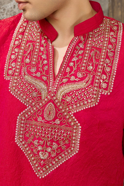 Red men’s ethnic kurta with embroidery