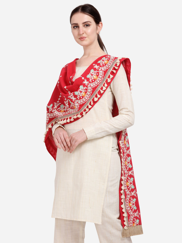 Red scarf dupatta with handcrafted khadi cotton feel