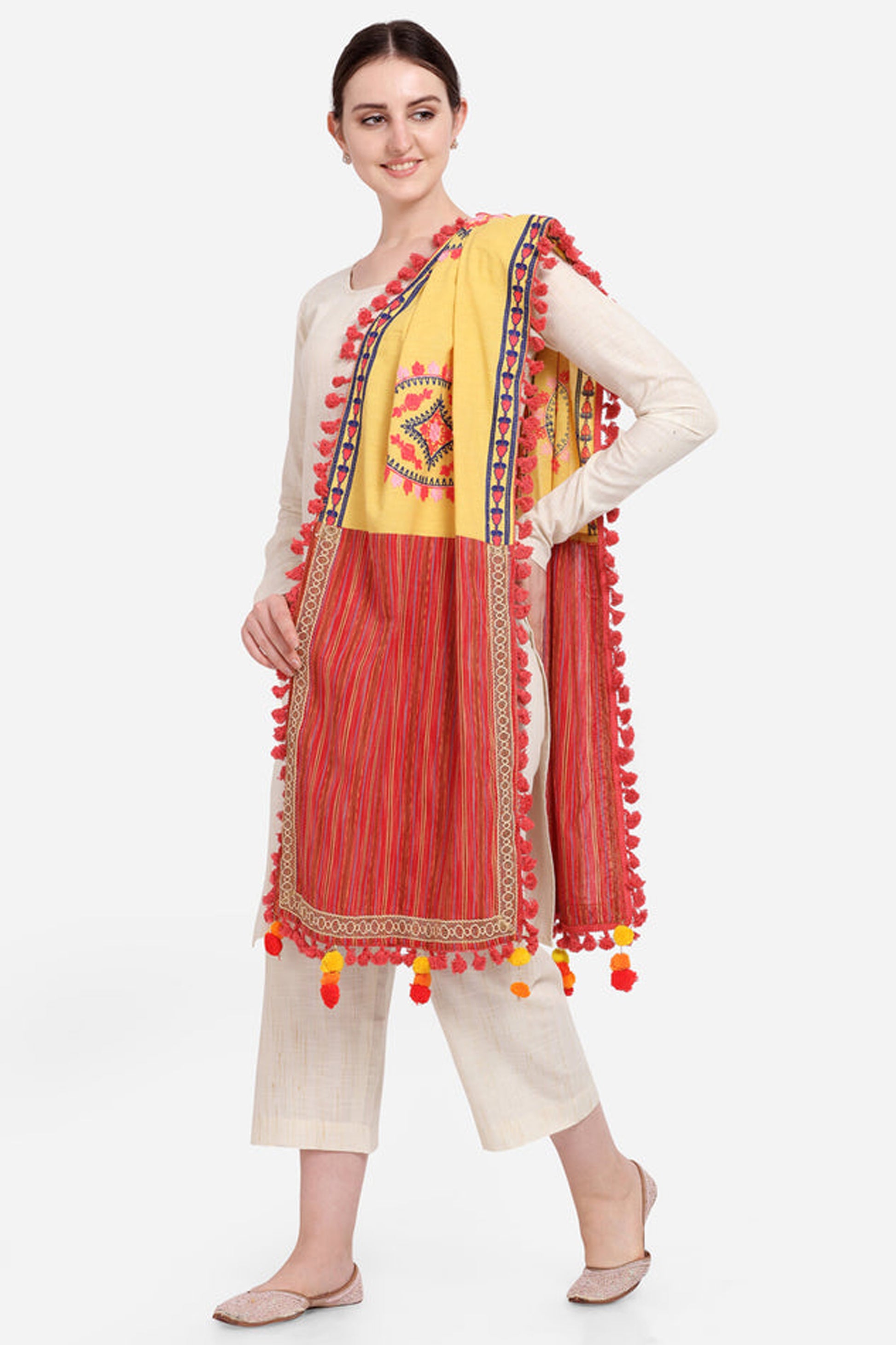 RED dupatta in khadi cotton with embroidery print for USA