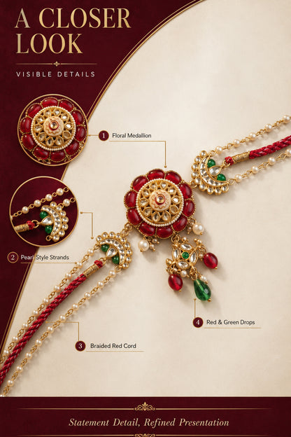 Layered necklace with braided red cord and pearl-style strands