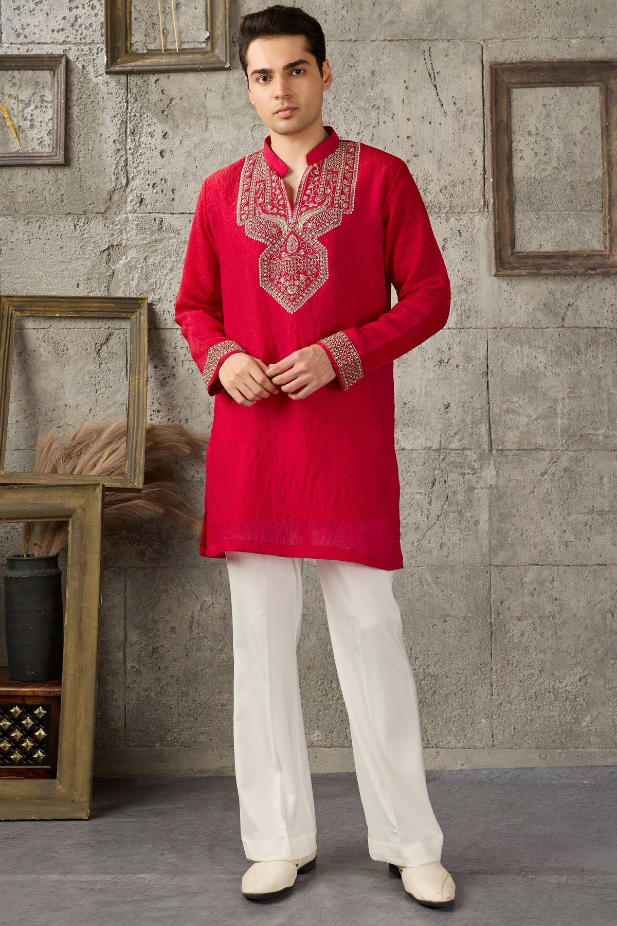 Red traditional kurta for men front view