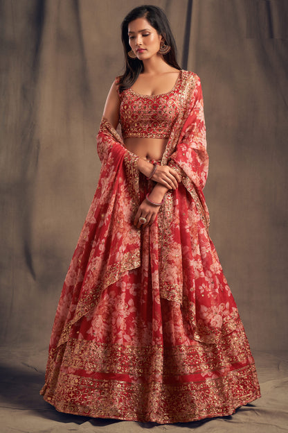 red georgette lehenga front view with floral embroidery
