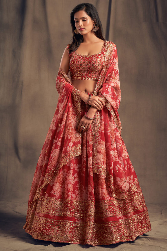 red georgette lehenga front view with floral embroidery