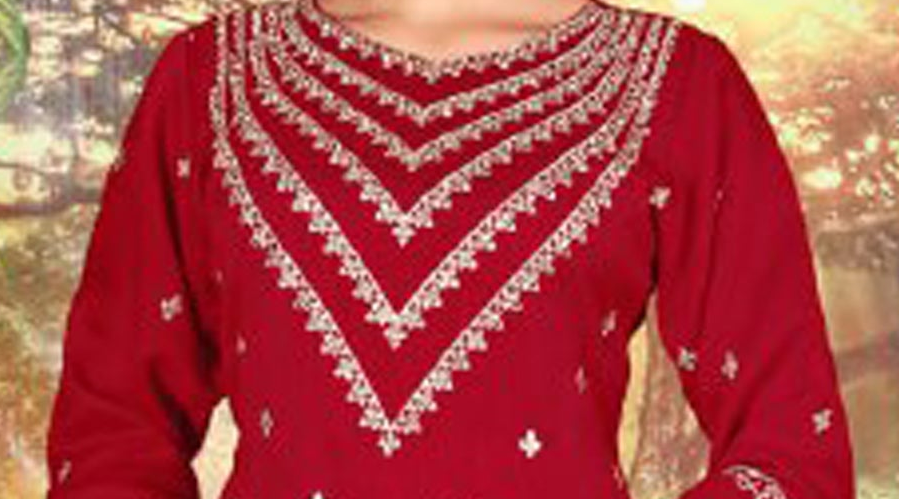 Red palazzo suit embroidery detail close-up